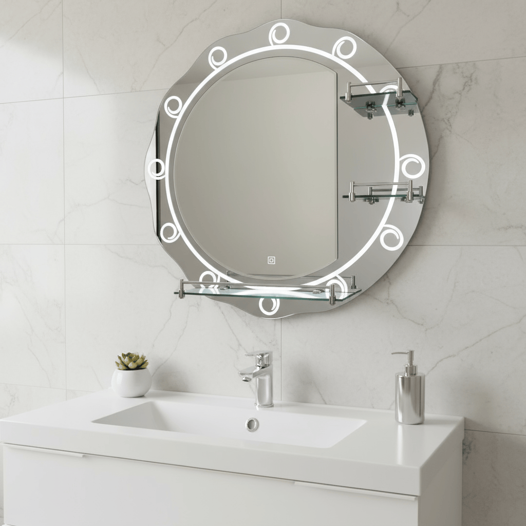 Padmore Bathroom Mirrors Heavy Round Bathroom Mirror with Triple Shelf 60cm x 60cm