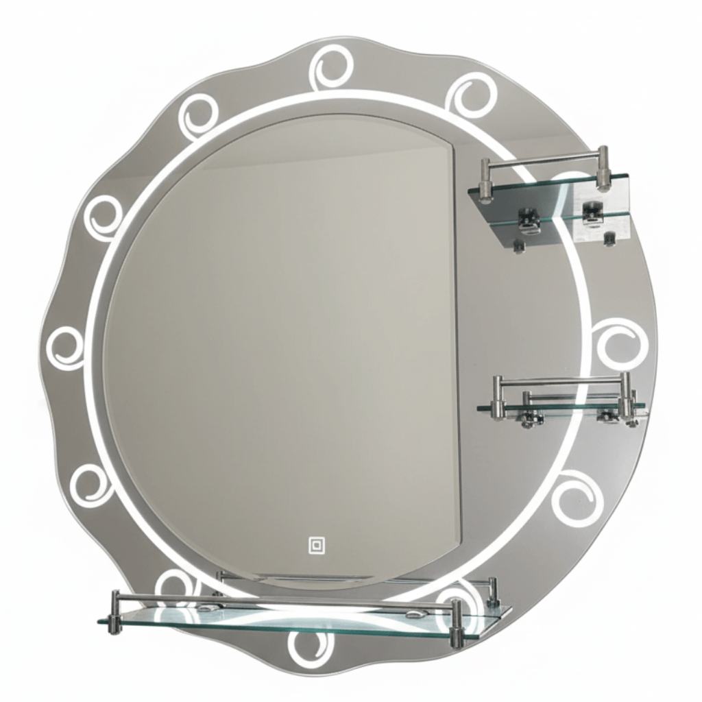 Padmore Bathroom Mirrors Heavy Round Bathroom Mirror with Triple Shelf 60cm x 60cm