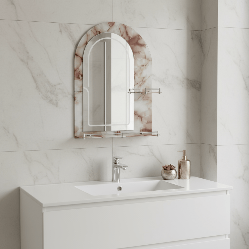 Padmore Bathroom Mirrors Semi Arc Bathroom Mirror with Double Shelves 70x50cm