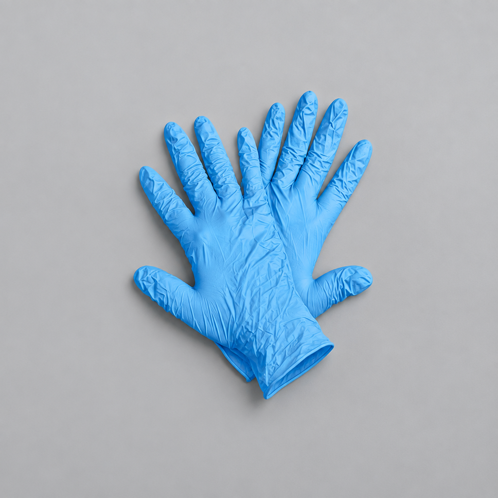 Pair of blue disposable gloves on grey