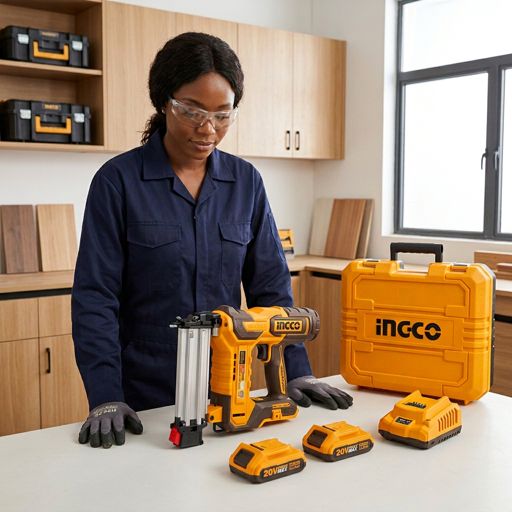 Professional carpenter inspecting the inactive Ingco brad nailer kit