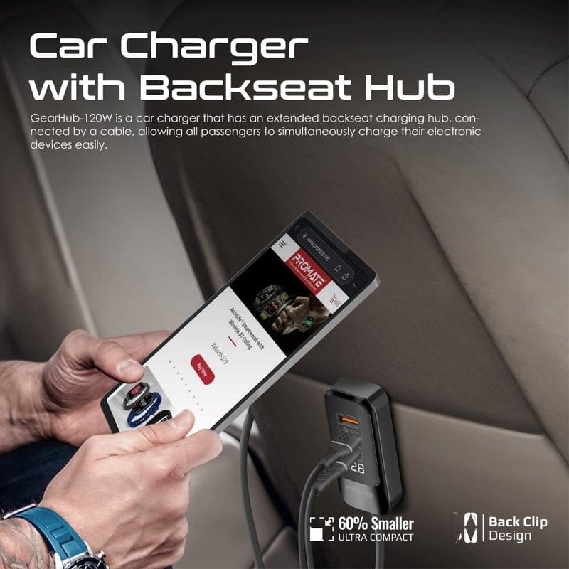 Promate Power & Charging Accessories Promate 120W RapidCharge™ Car Charger with Multi-Port Backseat Charging Hub - Gearhub-120W