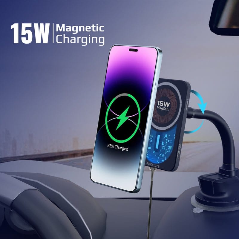 Promate Power & Charging Accessories Promate 15W MagSafe Transparent Car Wireless Charger - LucidMount-15