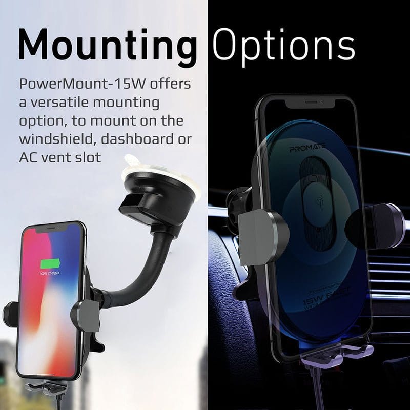 Promate Power & Charging Accessories Promate 15W Smart Sensor Car Wireless Charger - PowerMount-15W