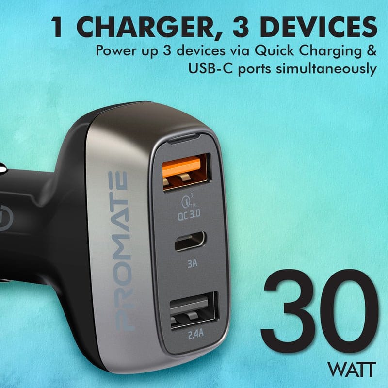 Promate Power & Charging Accessories Promate 30W Car Charger with QC3.0 and 3A USB-C Port - Scud-30