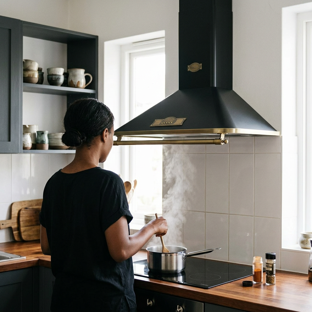 Rear-view cooking scene beneath the black-and-brass cooker hood