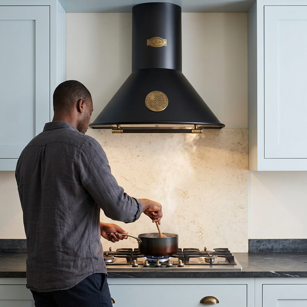 Rear-view cooking scene beneath the black Belle Epoque hood