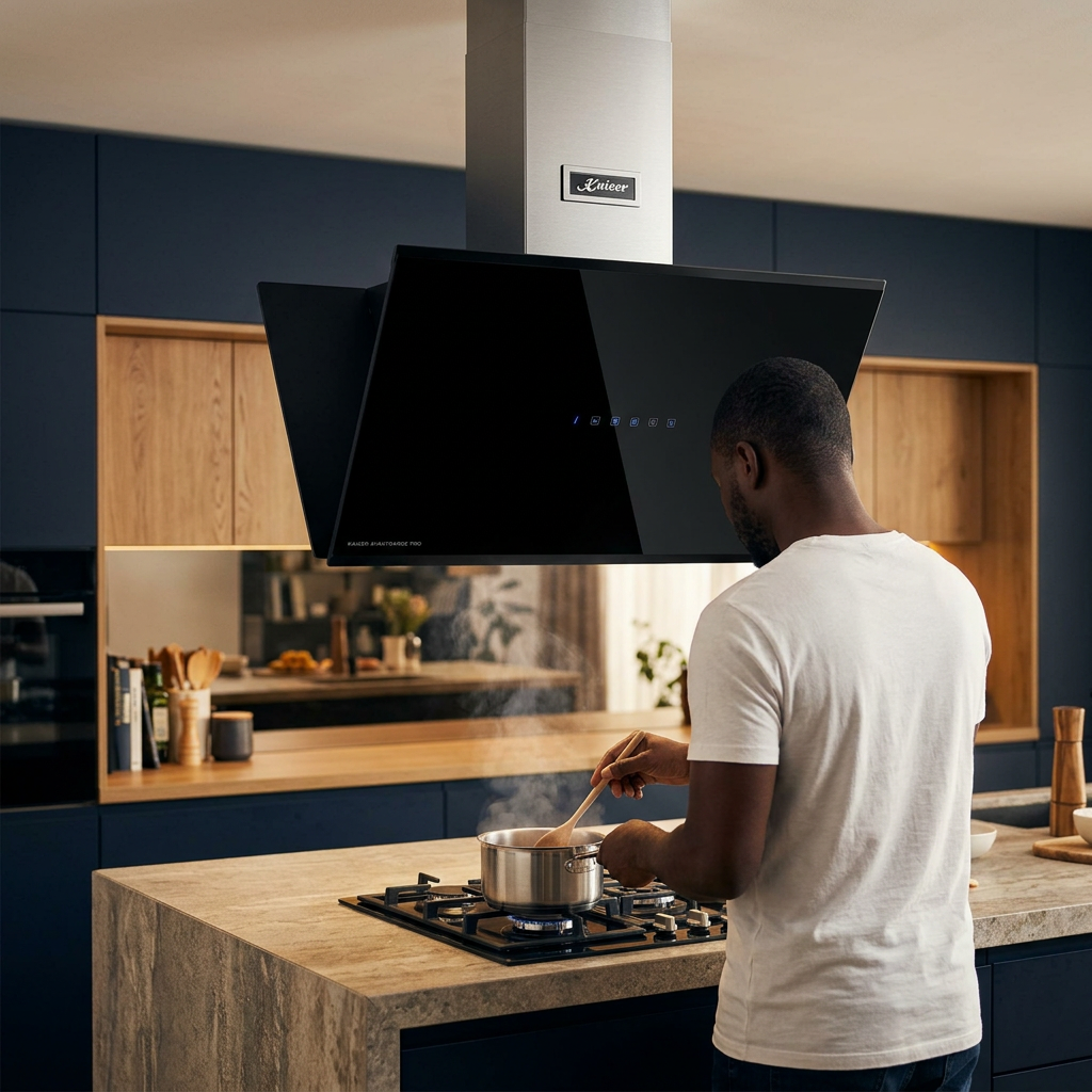 Rear-view cooking scene beneath the Kaiser island hood