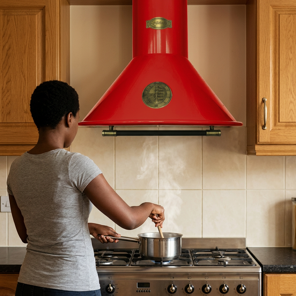 Rear-view cooking scene beneath the red Belle Epoque hood