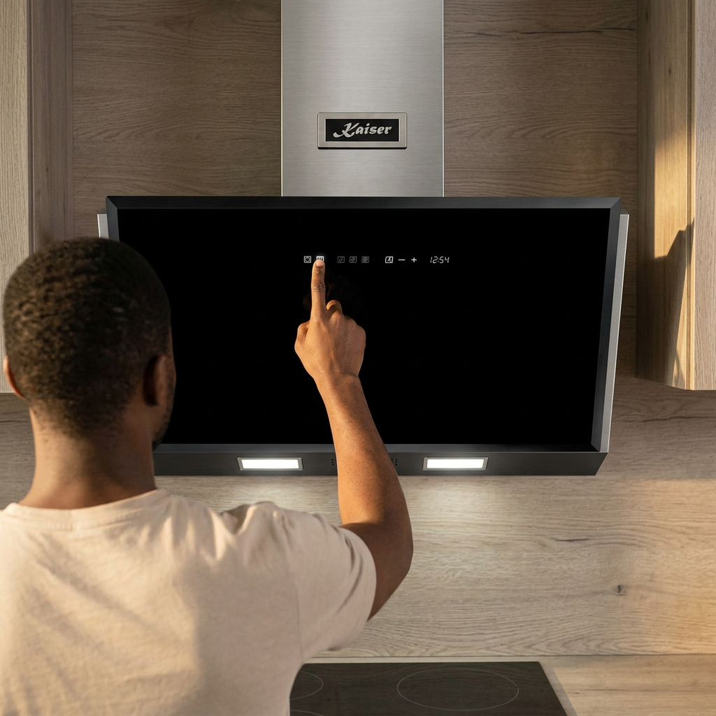 Rear-view scene operating the Kaiser Avantgarde Pro 90cm hood’s touch controls