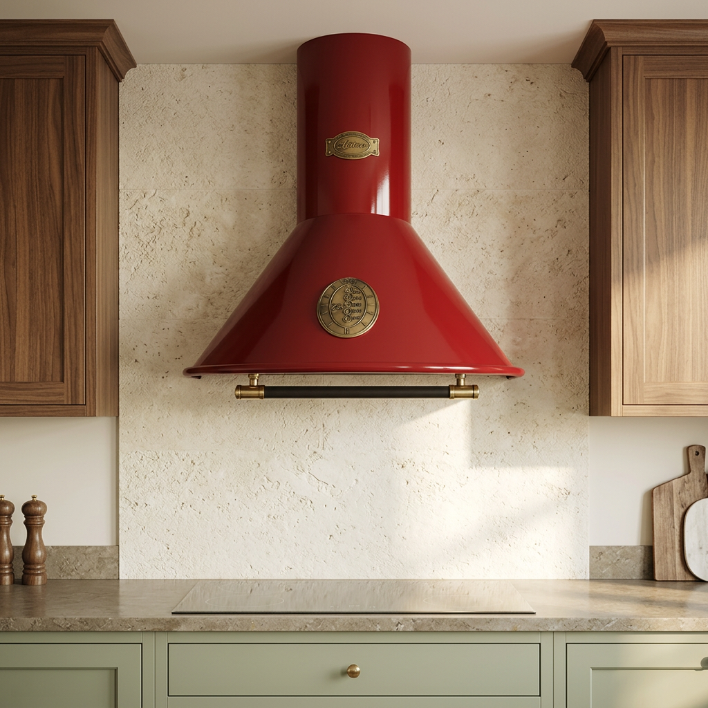 Red Belle Epoque hood in a walnut-and-sage kitchen