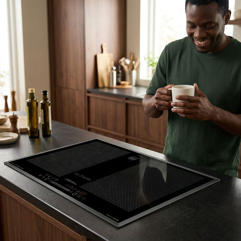 Relaxed coffee-break scene beside the black Kaiser La Perle induction hob