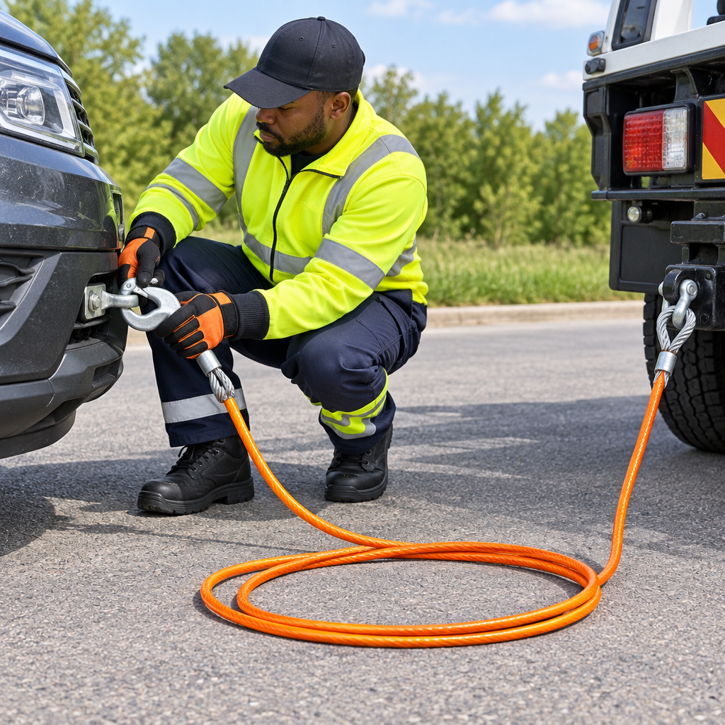 Roadside technician attaching the tow cable to a vehicle tow eye