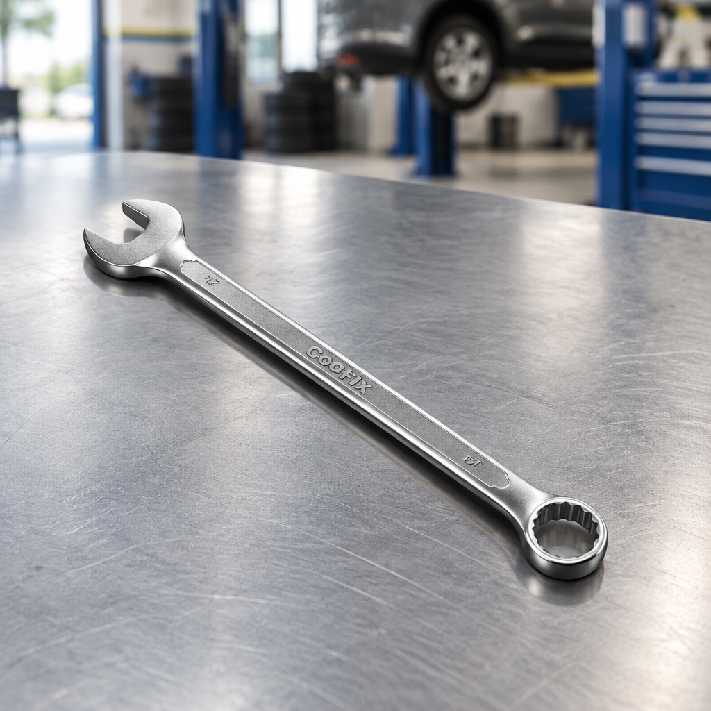 Single Coofix combination spanner on a workbench