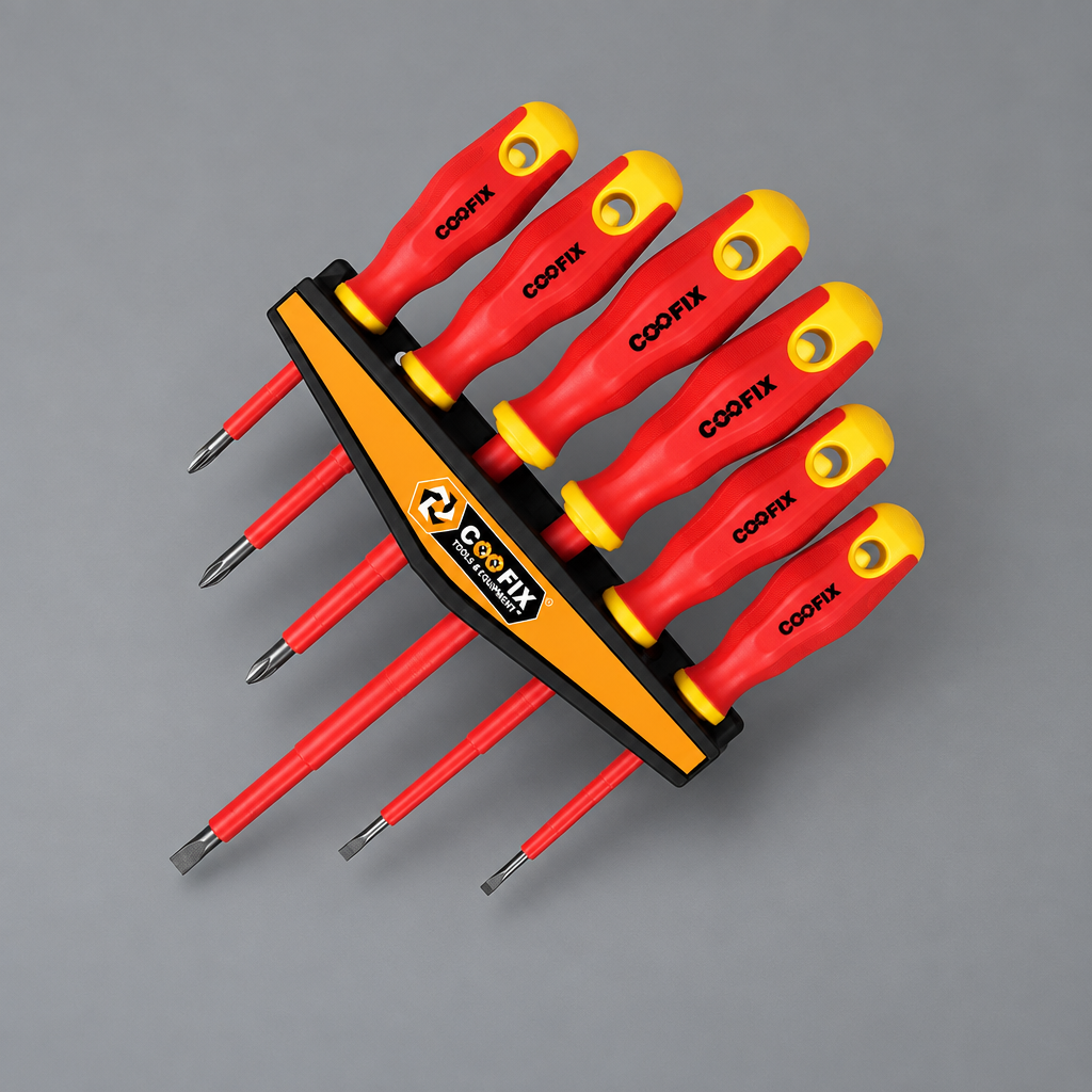 Six-piece Coofix insulated screwdriver set on a grey background
