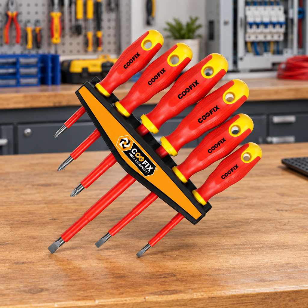 Six-piece Coofix insulated screwdriver set on a workshop bench