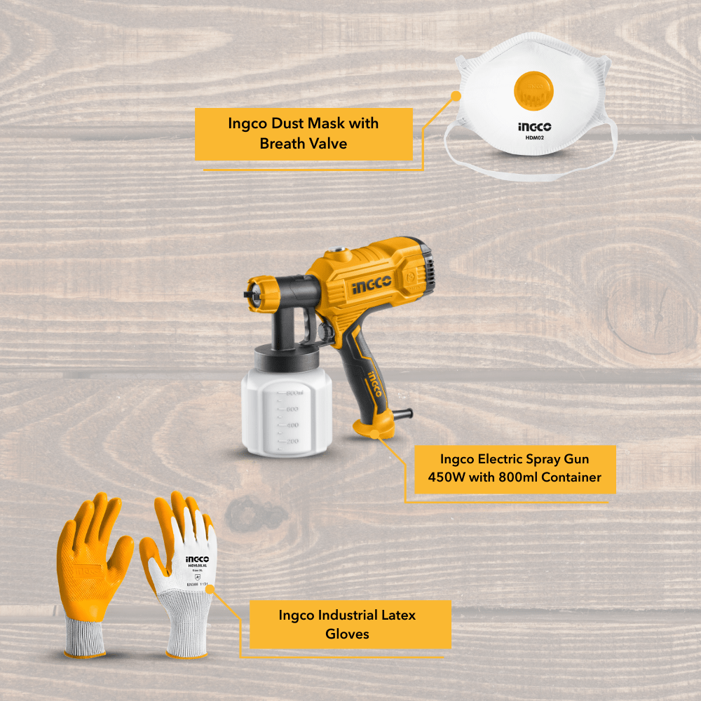 SM Bundles - Tools Specialty Safety Equipment Spray Safe Pro Kit - Electric Spray Gun 450W with 800ml Container, 12 Pieces Dust Mask with Breath And Industrial Latex Gloves