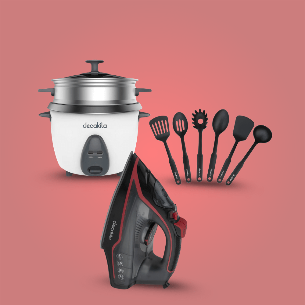 SM Essential Bundles Household Essentials Appliances Decakila Home Harmony Kit - Electric Iron, Rice Cooker, 6 Pieces Kitchen Utensils + Free Decakila T-Shirt