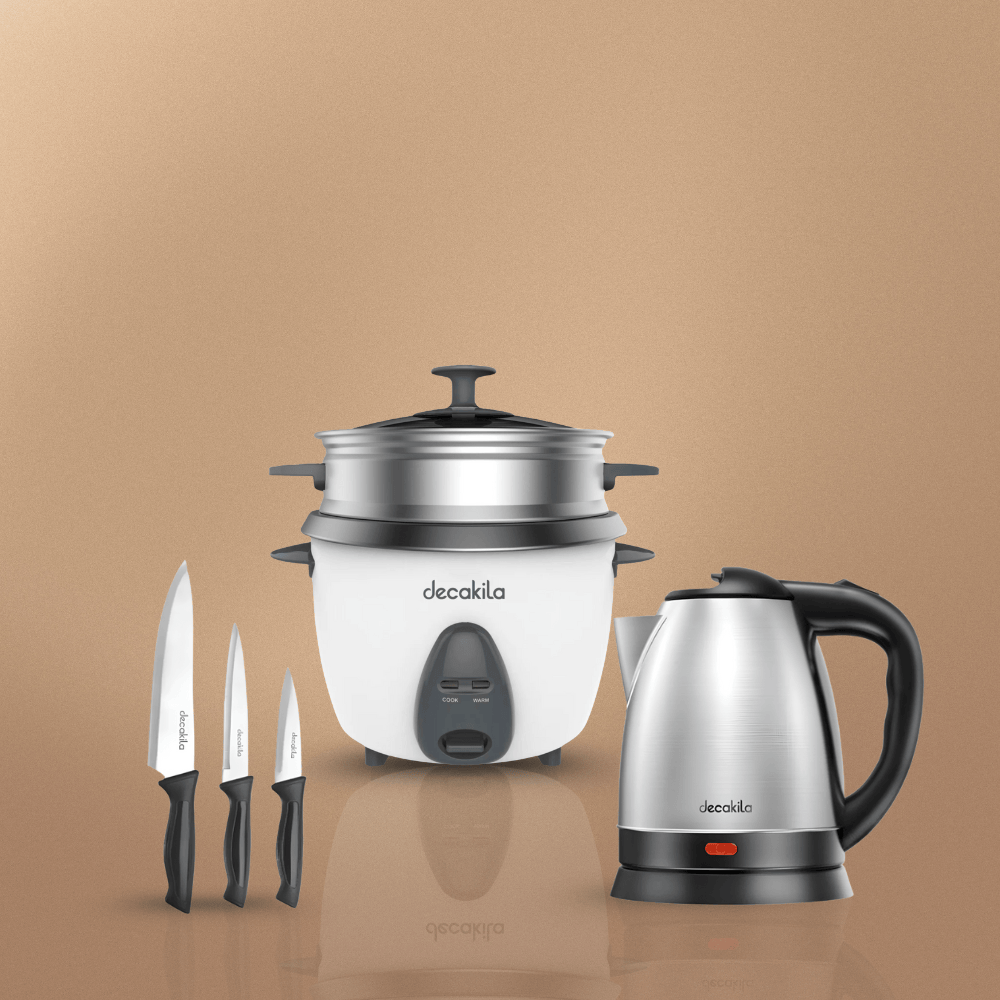 SM Essential Bundles Household Essentials Appliances Kitchen Comfort Combo Set - Electric Kettle, Rice Cooker, 3 Kitchen Knives