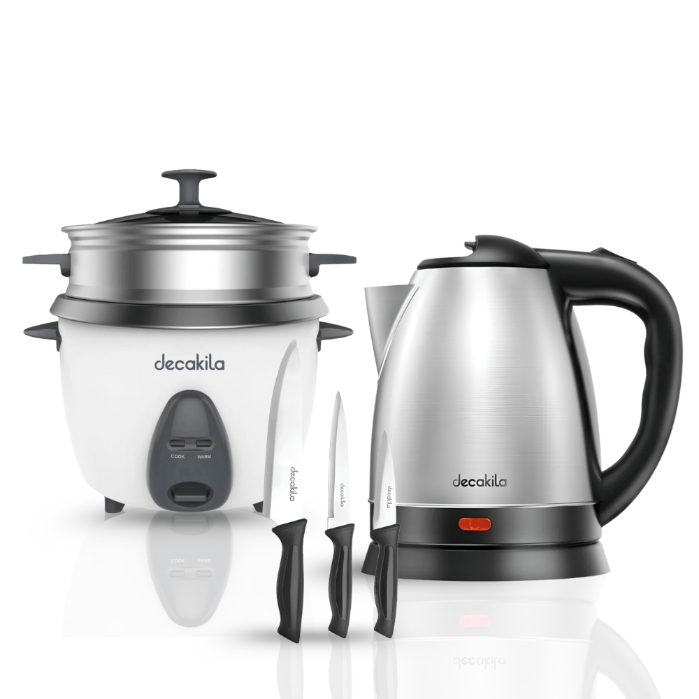 SM Essential Bundles Household Essentials Appliances Kitchen Comfort Combo Set - Electric Kettle, Rice Cooker, 3 Kitchen Knives