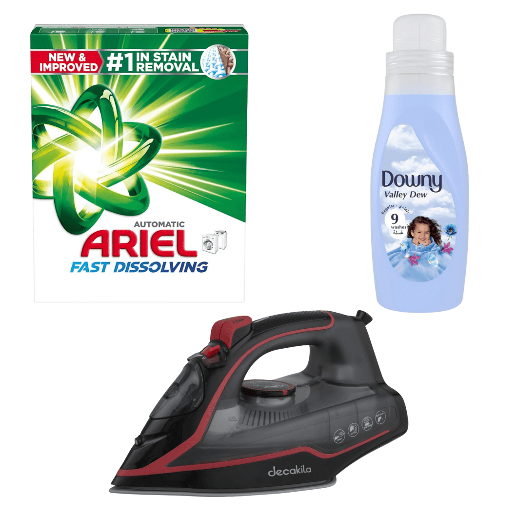 SM Essential Bundles Laundry Supplies LaundryCare Kit - Decakila 2400W Steam Iron + Ariel Automatic Original Scent Laundry Powder Detergent 2.5 Kg + Downy Valley Dew 9 Washes Fabric Conditioner 1L