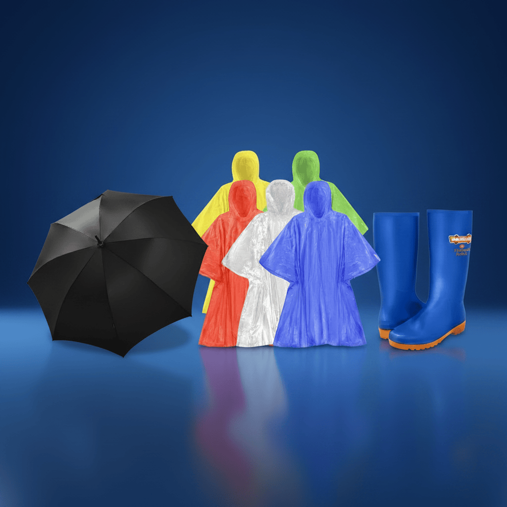 SM Essential Bundles Specialty Safety Equipment Rainy Day Essentials Set - Umbrella, Raincoat & Wellington Boots