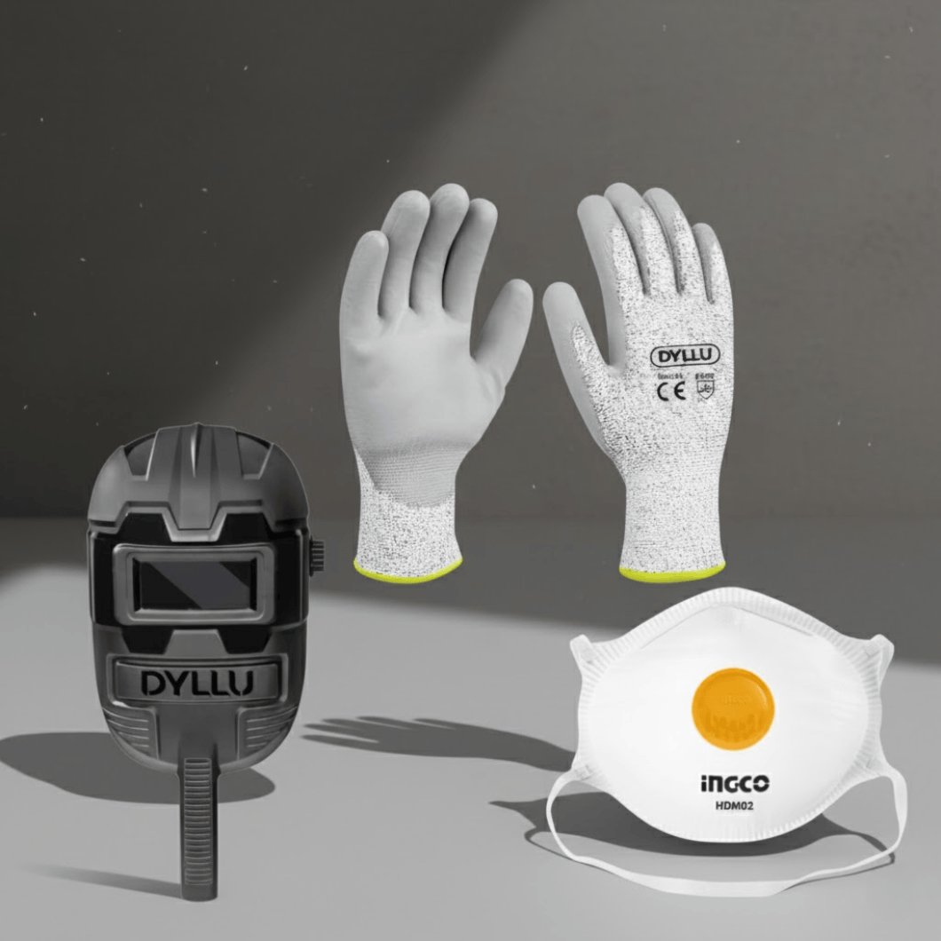 SM Essential Bundles Specialty Safety Equipment Ultimate Safety Pro Kit - Dyllu Welding Mask With Welding Glass, Dyllu XL Cut Resistance Gloves, 12 Pieces Dust Mask with Breath