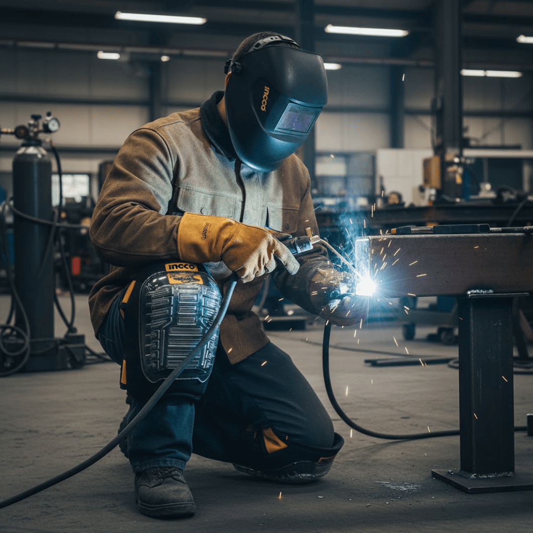 SM Essential Bundles Protective Gear Welding Safety & Finishing Kit - Ingco Auto Darkening Welding Helmet with UV/IR Protection (AHM008), 50-Piece Abrasive INOX Metal Cutting Disc Set (115mm x 1.2mm), Safety Kneepads with Impact-Resistant Shell (HKPT0101)