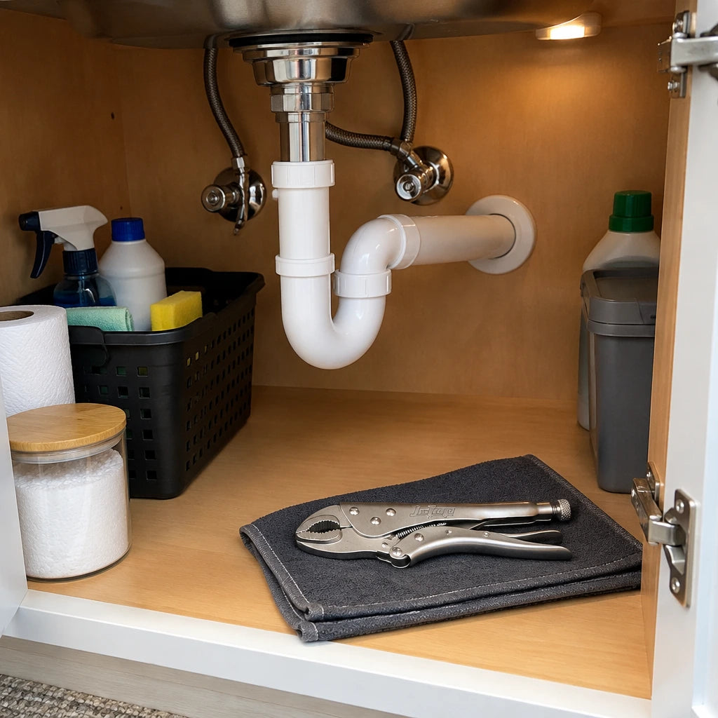 Completed dry under-sink plumbing repair with JcTop curved jaw locking pliers resting nearby in an organised cabinet.