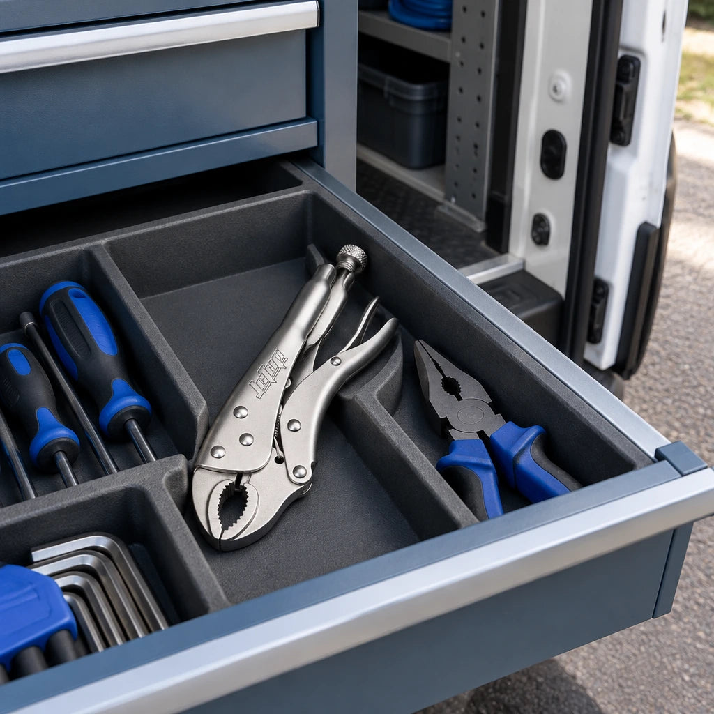 JcTop curved jaw locking pliers resting in an organised tool drawer inside a professional plumbing service van.