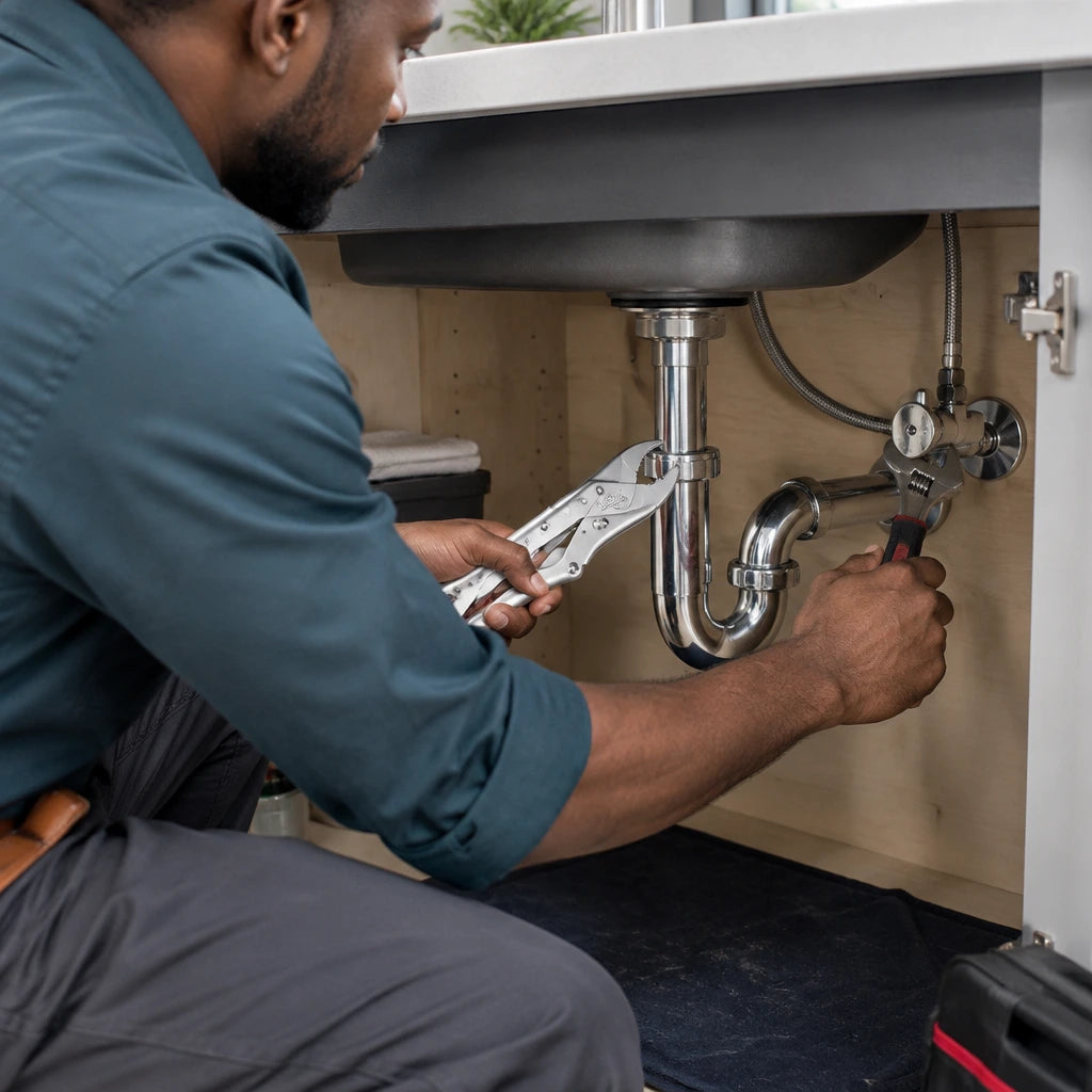 African American plumber using JcTop curved jaw locking pliers to hold a pipe steady during an under-sink repair.
