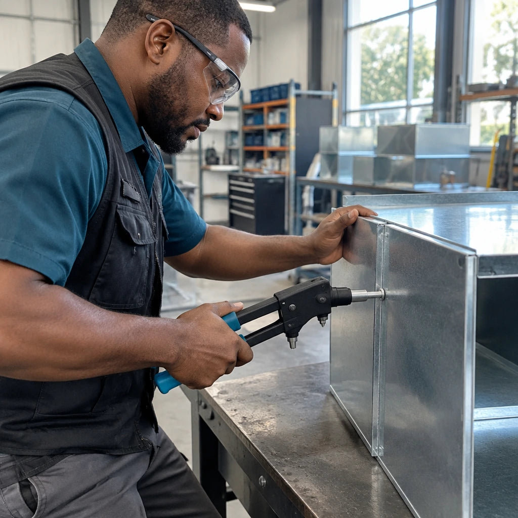 African American HVAC technician installing a 4.8 mm JcTop blind rivet through an overlapping duct panel with a compatible rivet tool.