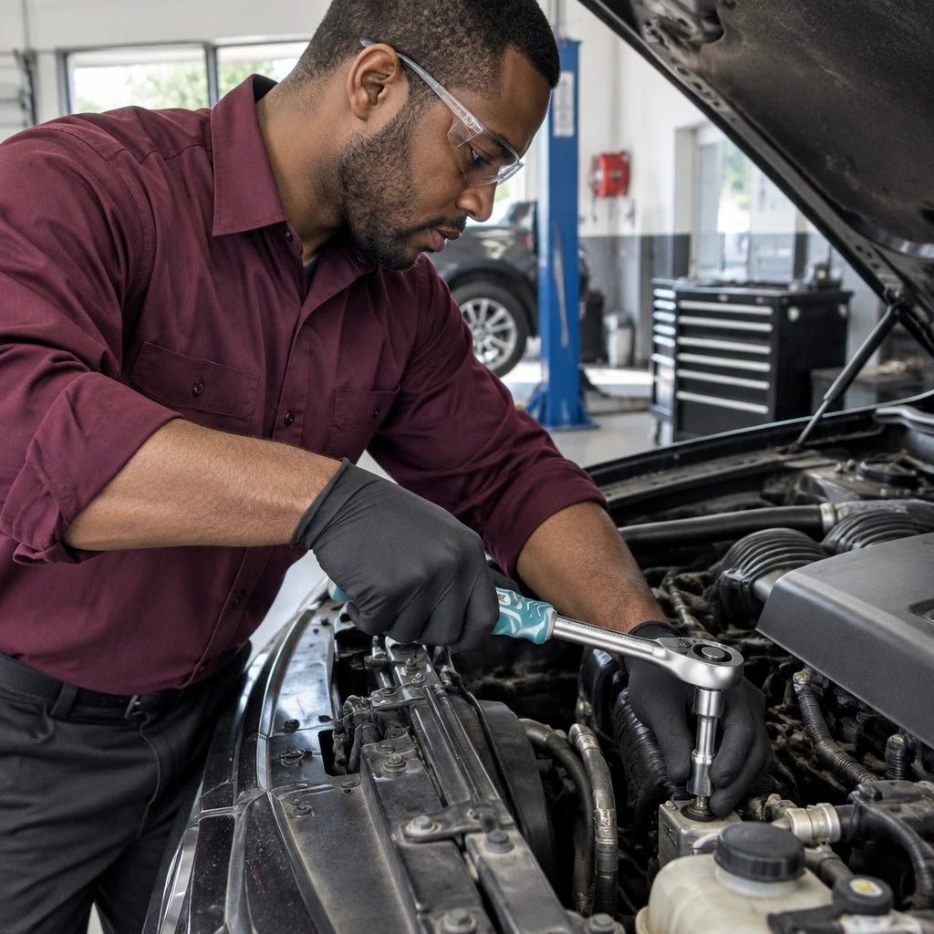 African American mechanic using a JcTop 1/2-inch reversible ratchet on a confined engine-bay fastener