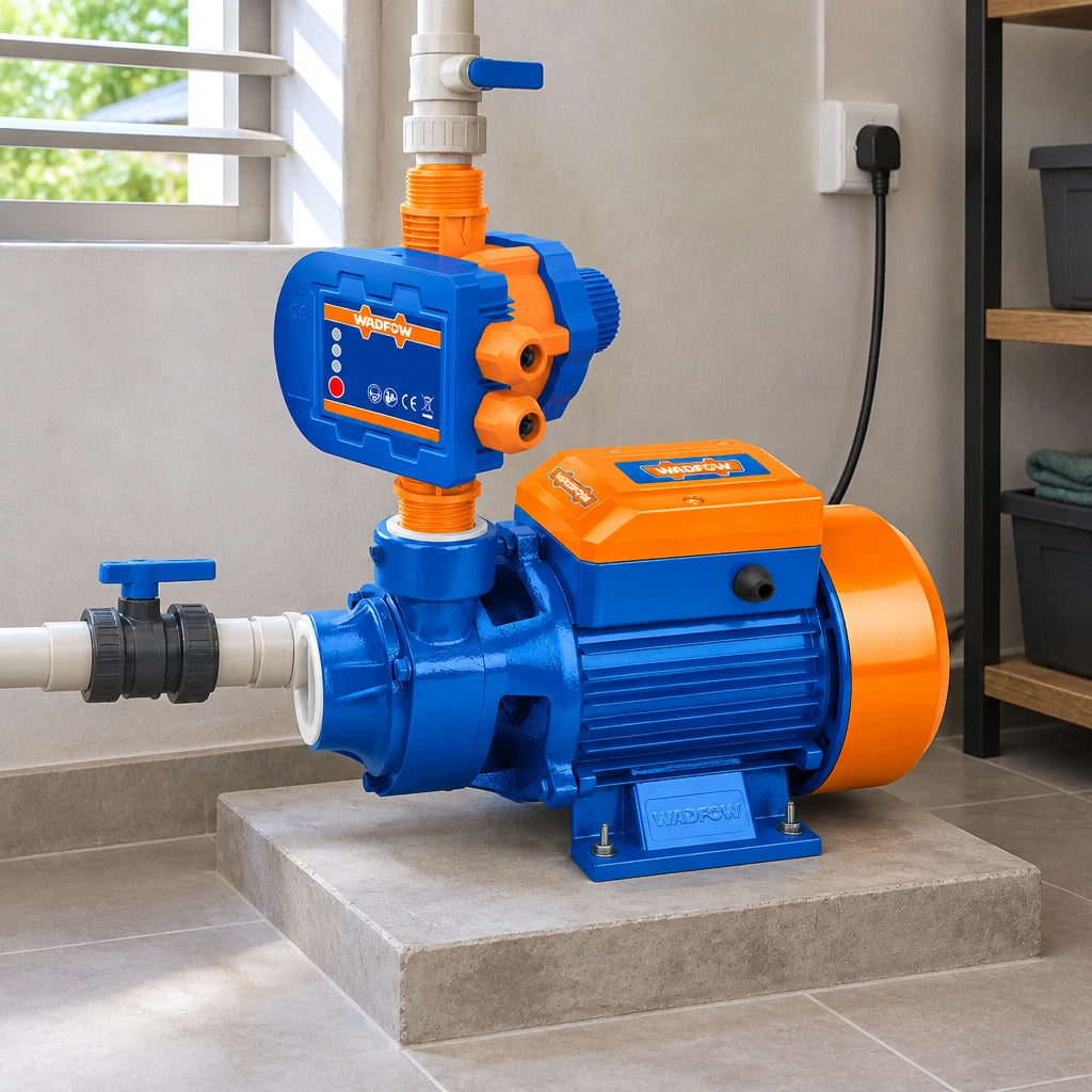 Wadfow household pressure pump and automatic controller installed in a clean residential utility room