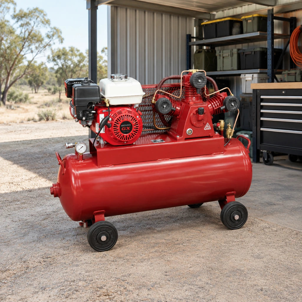 Mirage gasoline air compressor parked beneath a clean remote maintenance shelter on a wheeled frame