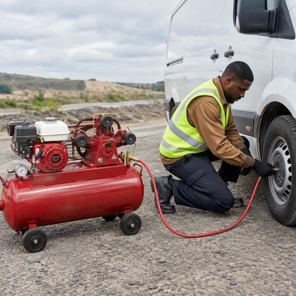 Technician uses a Mirage MY2065Q200 gasoline compressor to service a commercial van tyre at a remote roadside work area