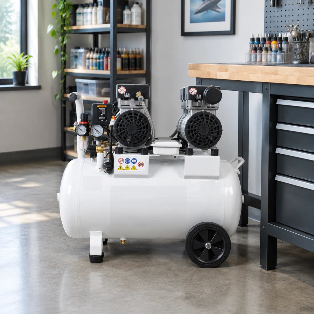 Mirage MY5002-50 50L air compressor parked beside a workbench in an organised professional airbrush studio