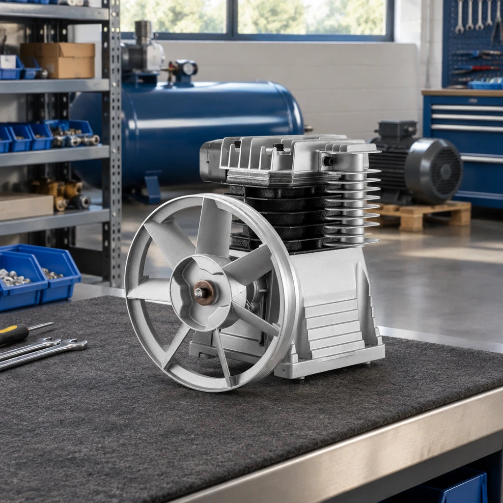 Mirage aluminium compressor replacement pump resting on a clean workshop bench beside compressor rebuild components