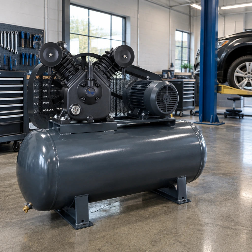 Completed belt-driven workshop compressor with the Mirage MY2105VWT replacement pump ready for fabrication work