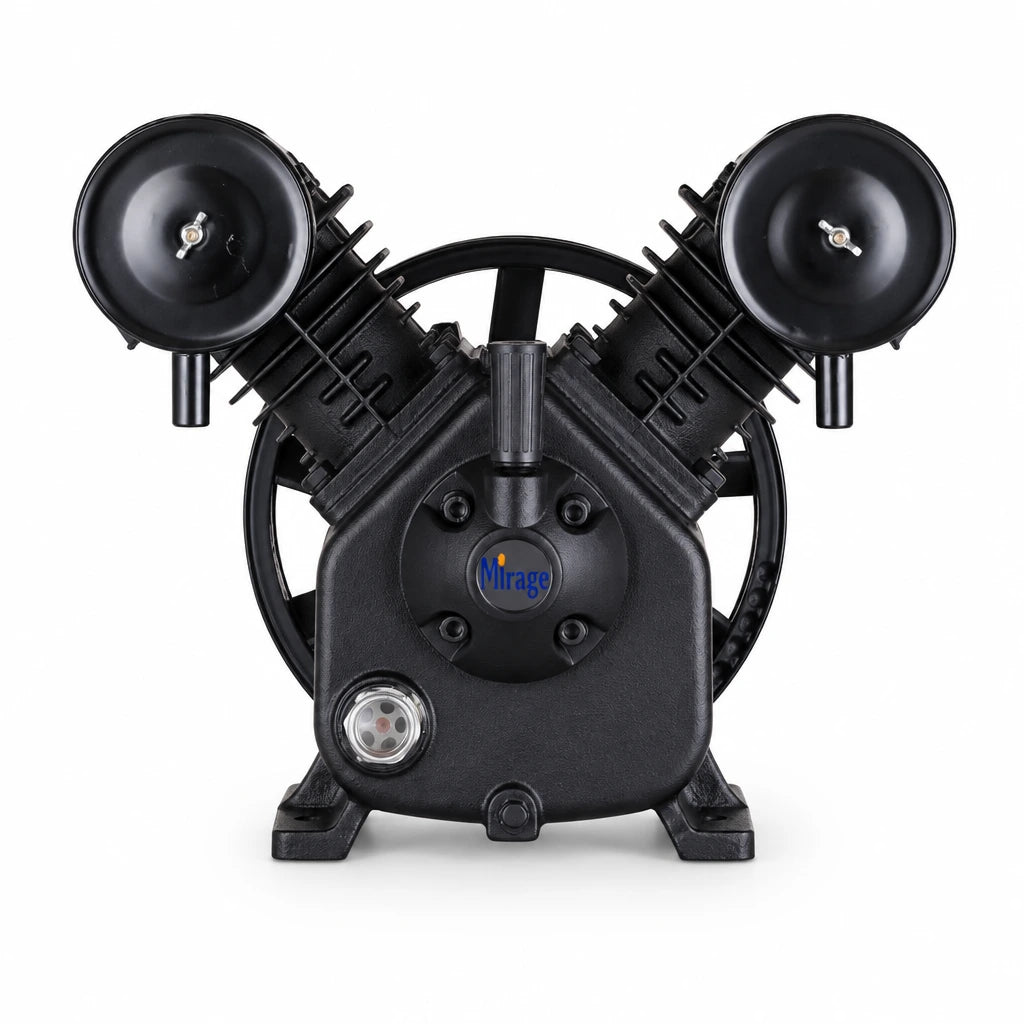 Mirage MY2105VWT 10HP twin-head cast-iron air-compressor replacement pump on a white background