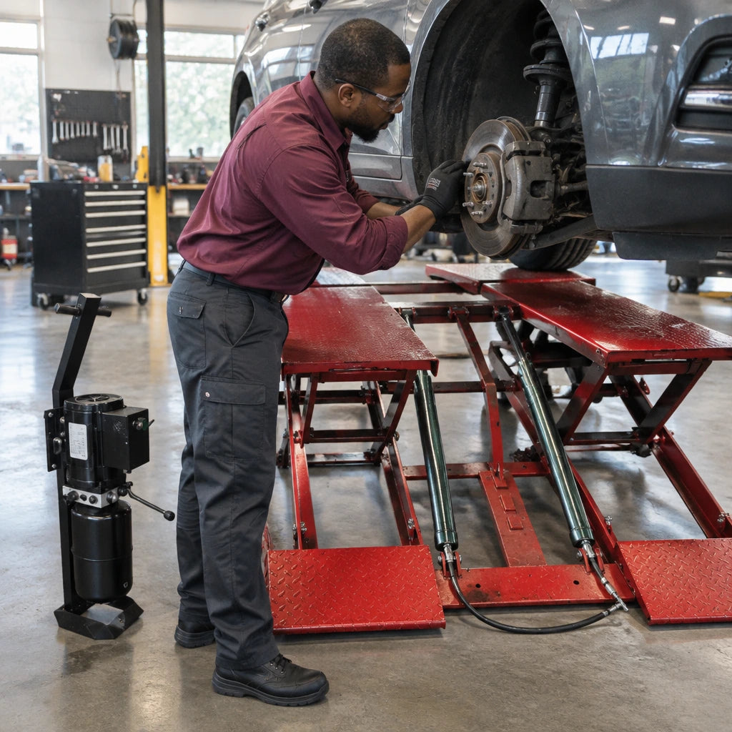 Automotive technician inspecting a vehicle brake on a Mirage parallel-platform scissor lift