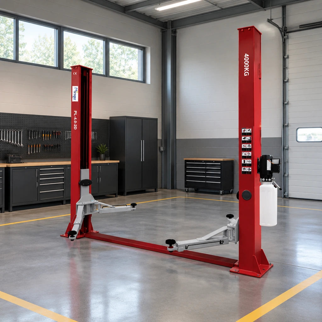 Mirage PL-4.0-2D two-post vehicle lift standing unused in an organised automotive workshop service bay