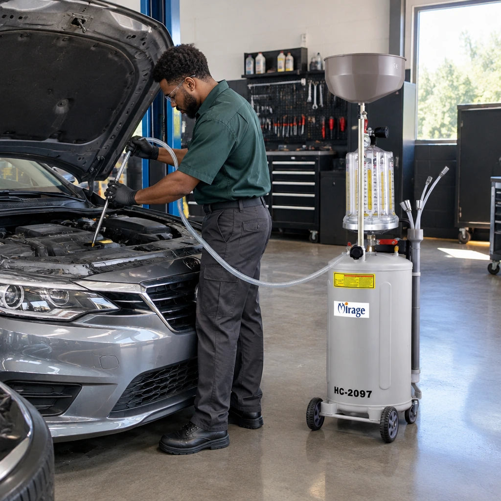 Automotive technician using a Mirage HC-2097 pneumatic waste-oil extractor to remove used engine oil through a vehicle dipstick tube