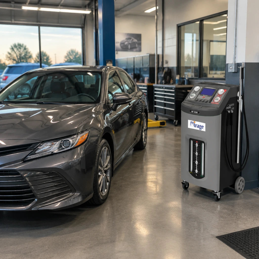 Serviced passenger vehicle ready for handover beside the parked Mirage GD-606 transmission fluid exchanger