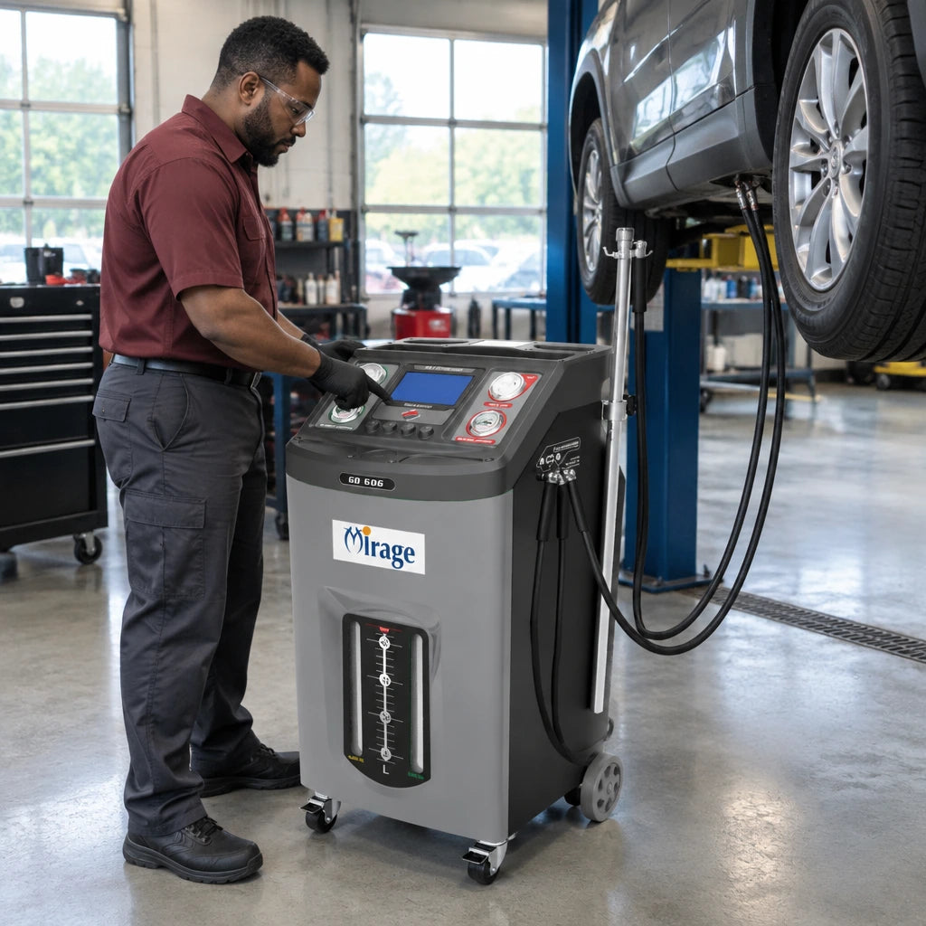 Automotive technician monitoring a Mirage GD-606 automatic transmission fluid exchange beside a raised passenger vehicle