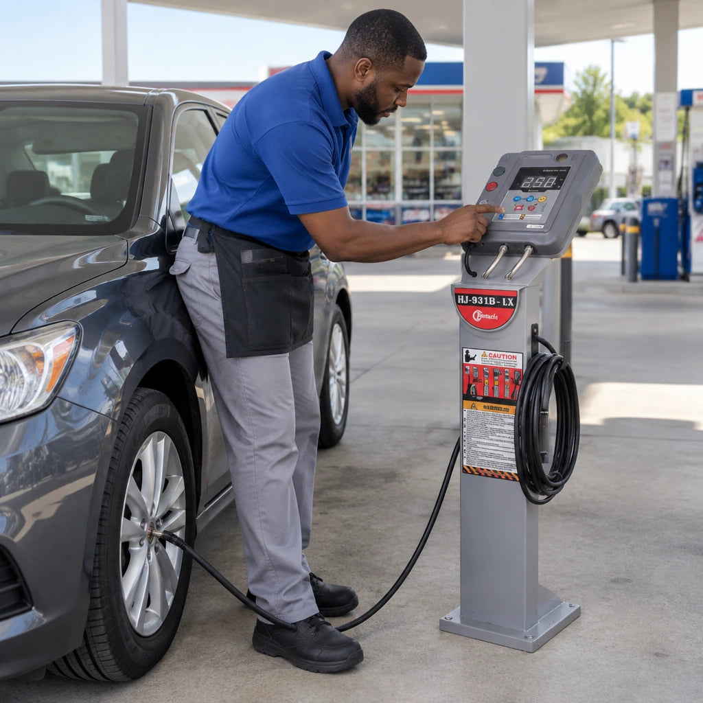African American fuel-station attendant using the Mirage HJ-931B-LX automatic inflator to adjust a passenger-car tyre.