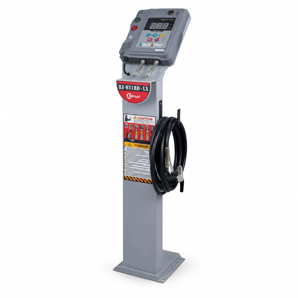 Mirage HJ-931BD-LX freestanding digital automatic tyre inflator with coiled hose and pedestal control cabinet on a white background