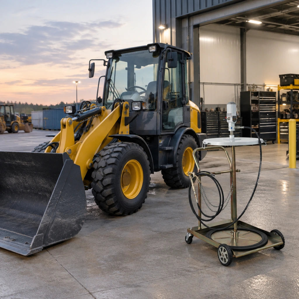 Serviced wheel loader ready for work beside the inactive Mirage mobile grease pump trolley in a clean plant yard
