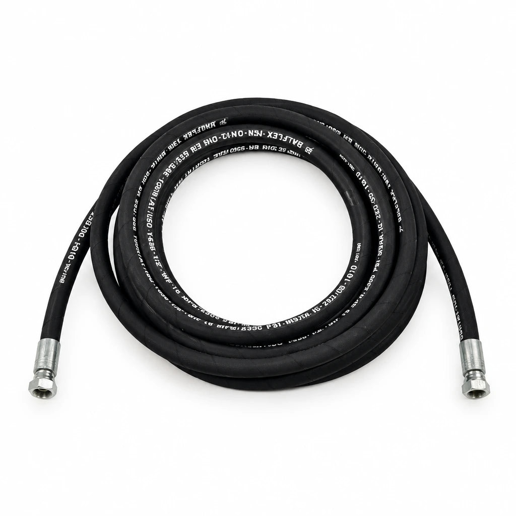 Mirage replacement grease hose 60781408 coiled with metal threaded fittings on white background