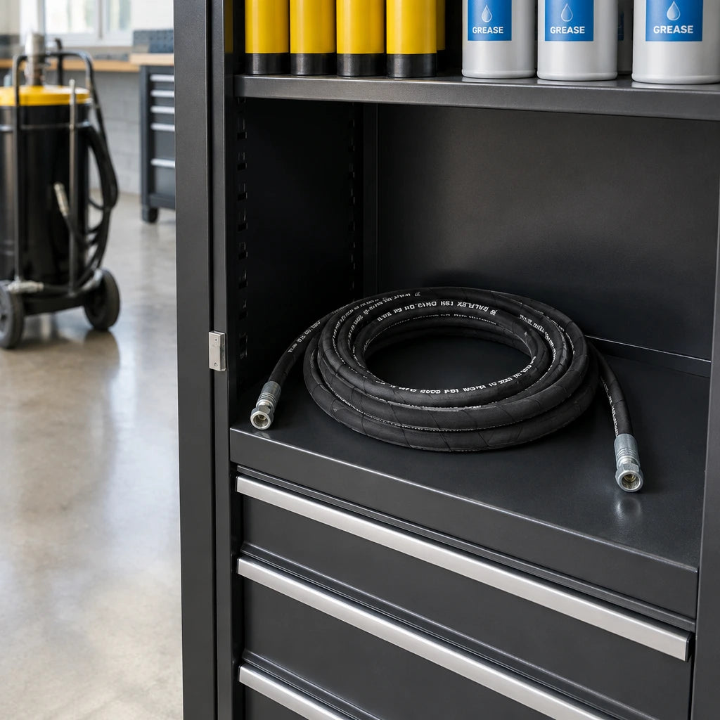 Coiled Mirage replacement grease hose stored in an organised fleet-maintenance workshop cabinet